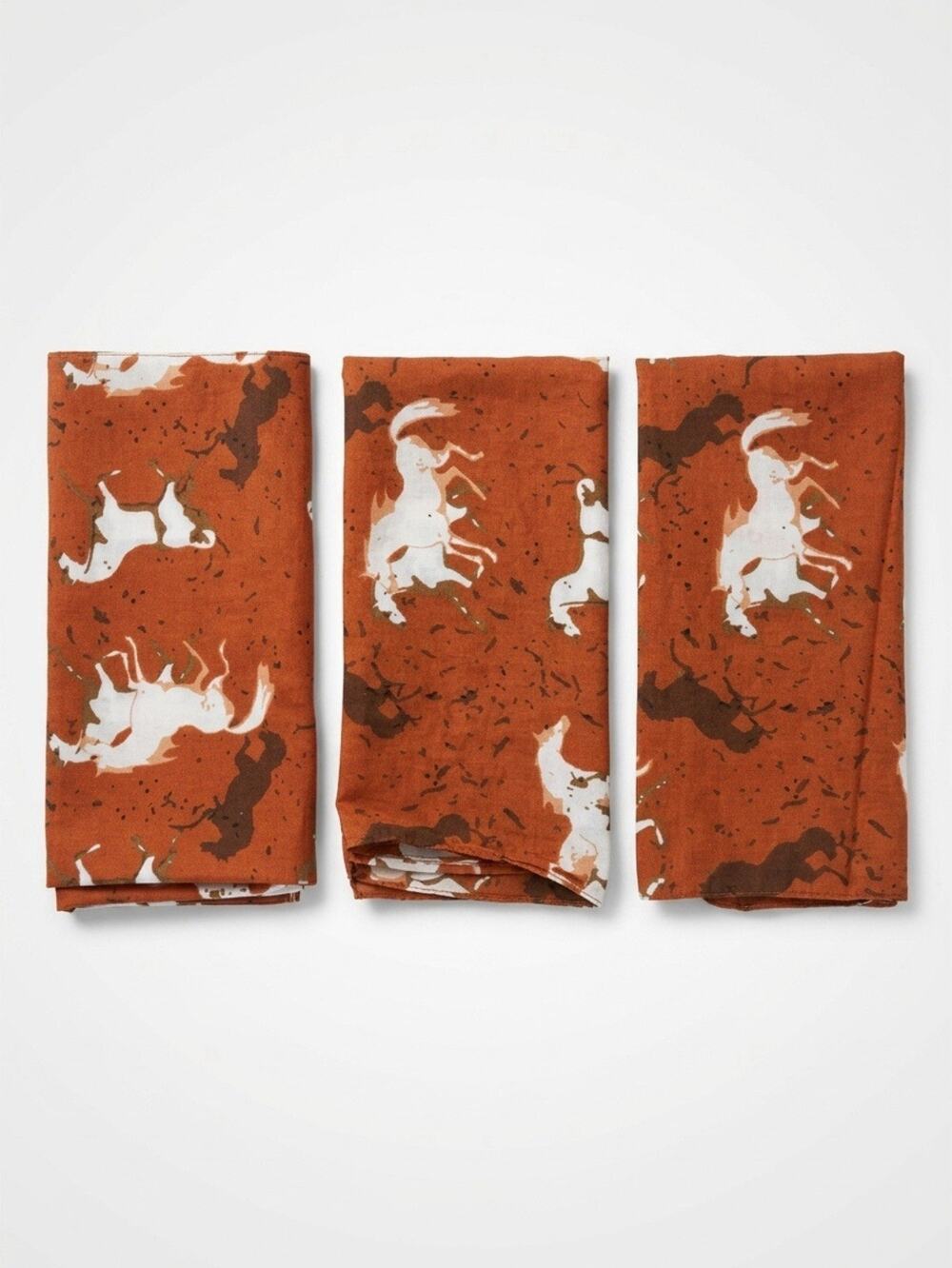 Setof3 Retro VTG Fabric Napkins Brown White Horses Cloth 20” FarmhouseCore